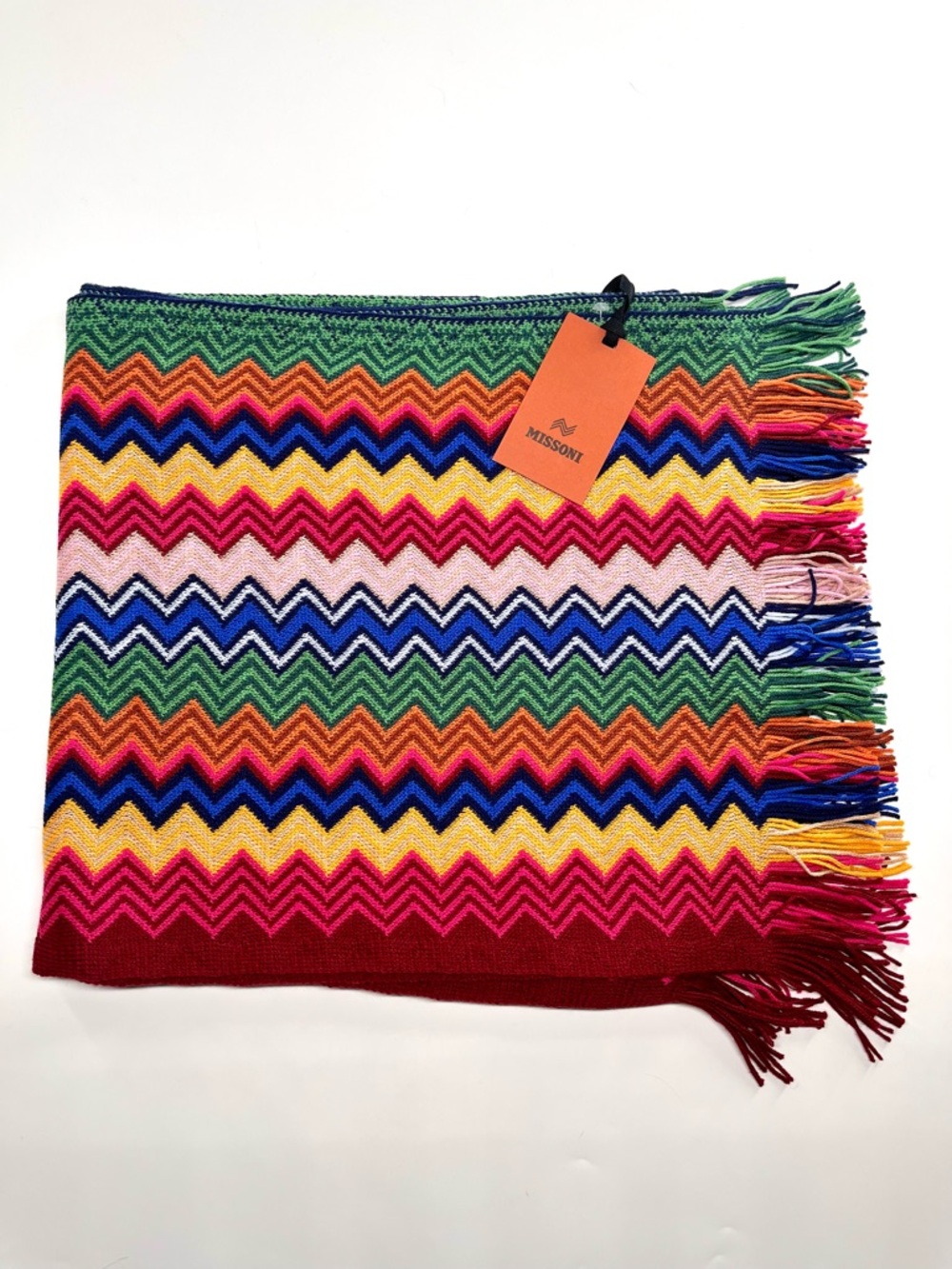Missoni Multicolor Zigzag Knit Scarf with Fringe